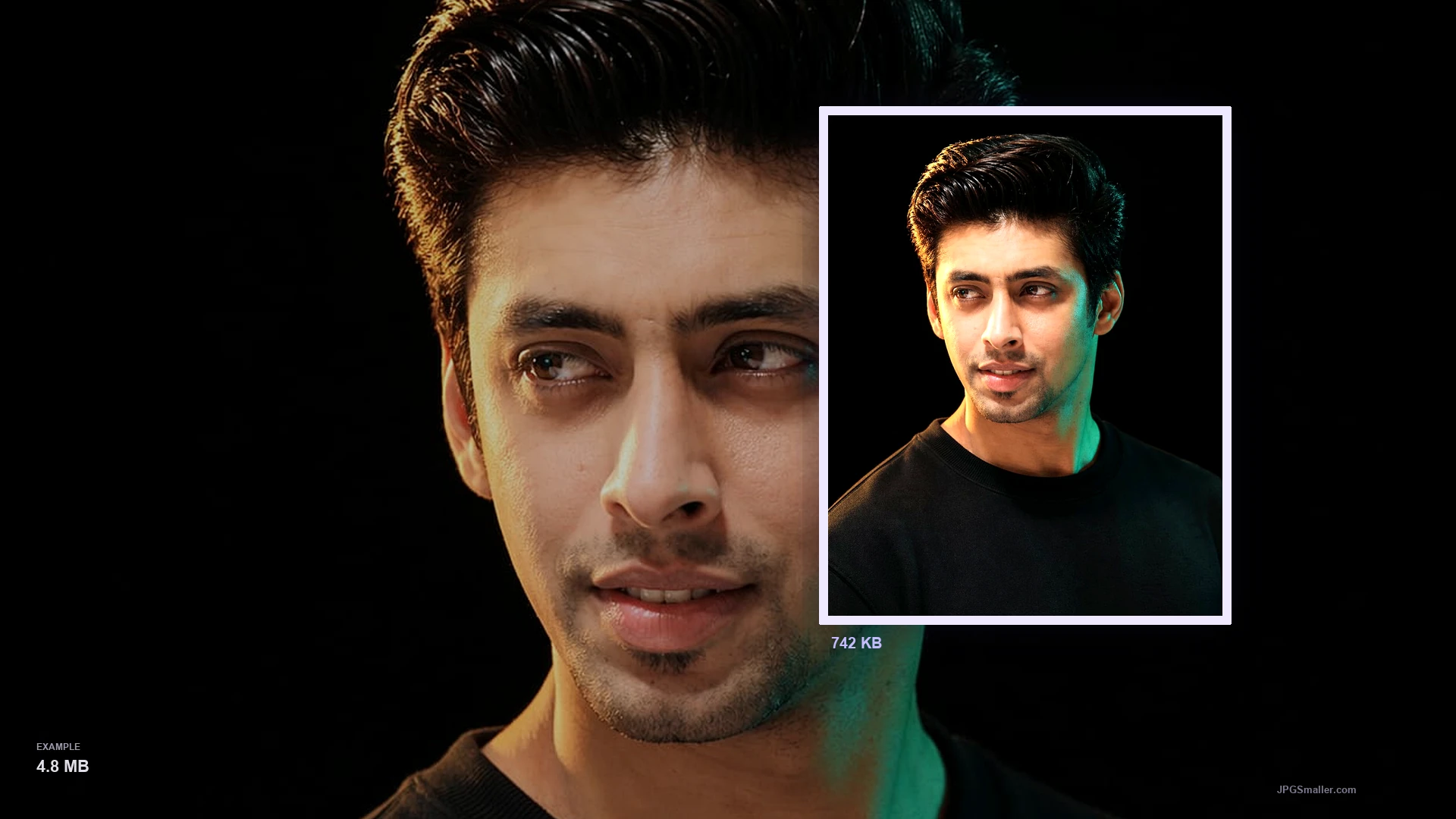 Studio portrait with a lifted print of the same face. Example: 4.8 MB original, 742 KB optimized.