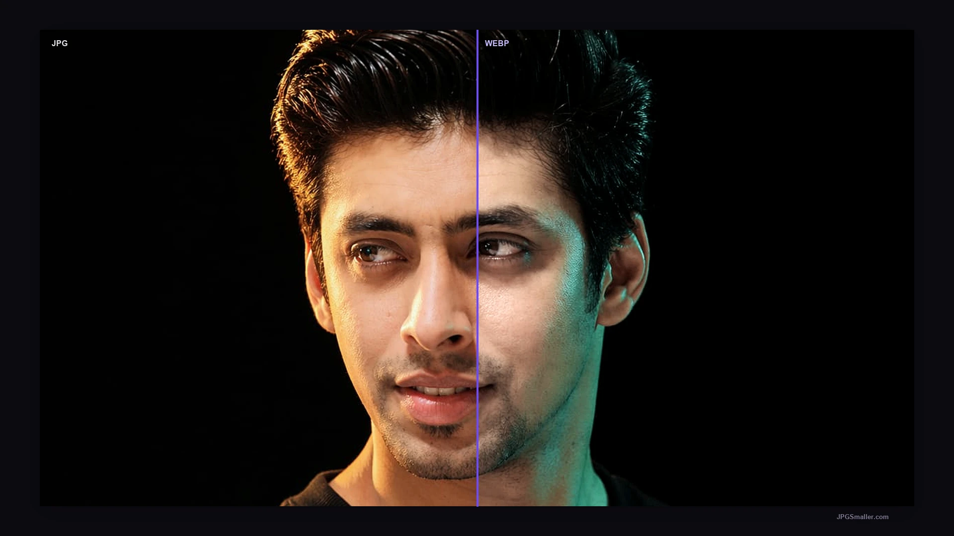One studio portrait split between a JPG grade on the left and a WebP grade on the right