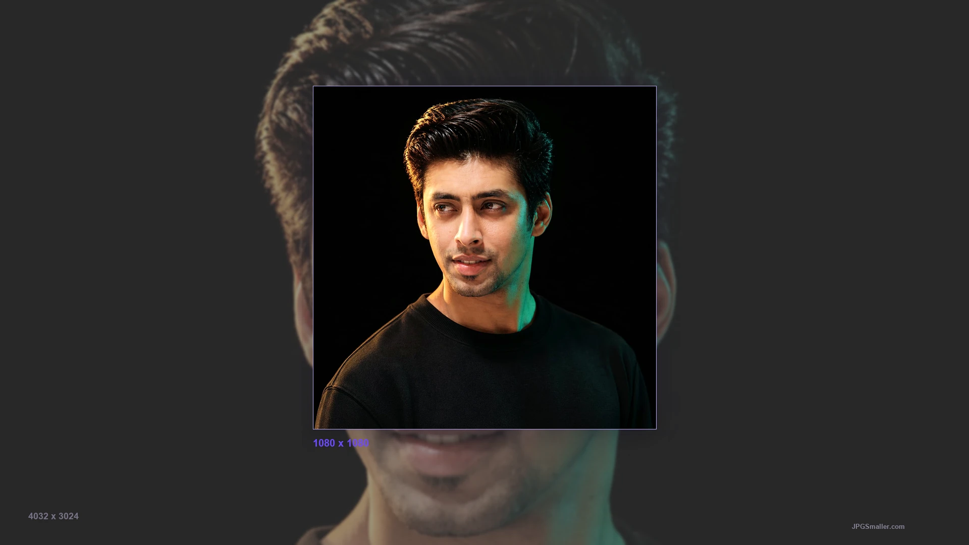Wide studio portrait fading behind a sharp 1080 by 1080 square crop of the same face