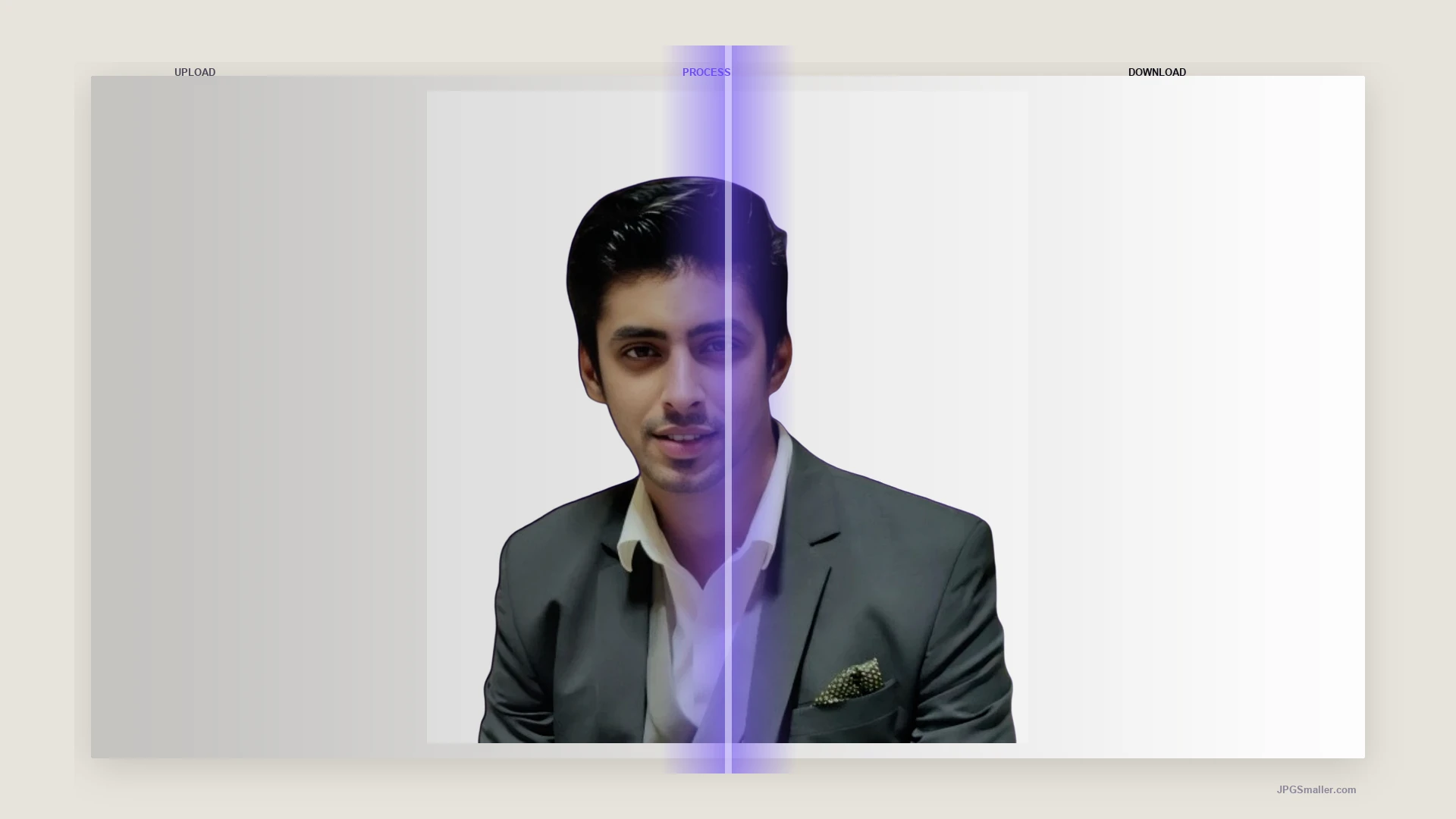 A portrait passing through a process light: upload on the left, process in the center, download on the right