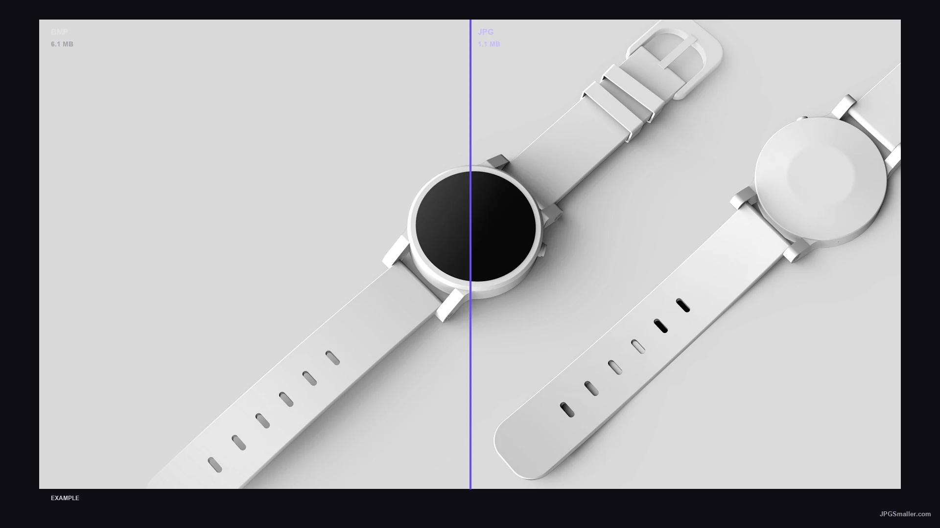 Format comparison showing the same watch image as BMP (6.1 MB) and JPG (1.1 MB)