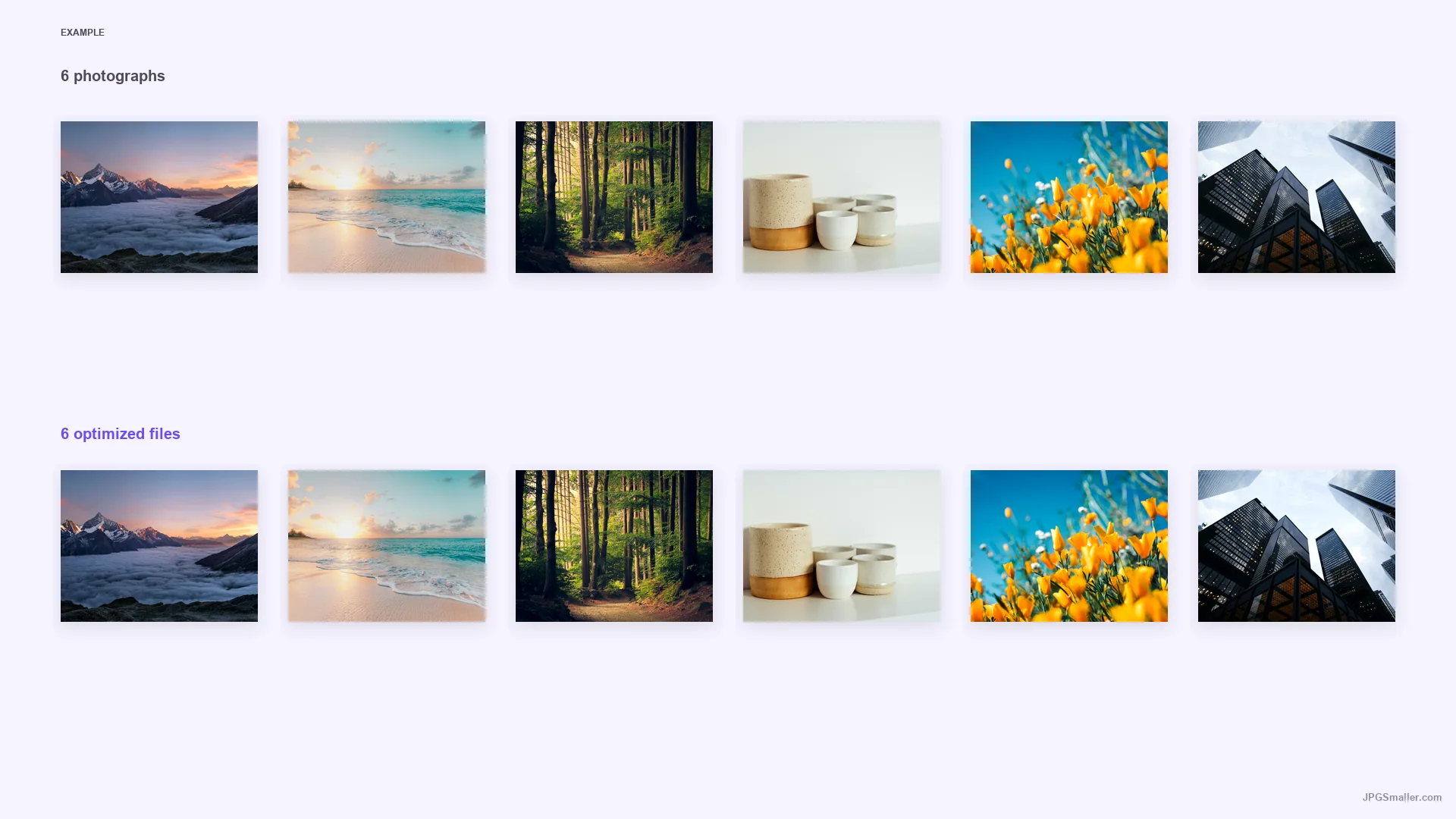 Bulk compression example showing six different photographs above six optimized output files