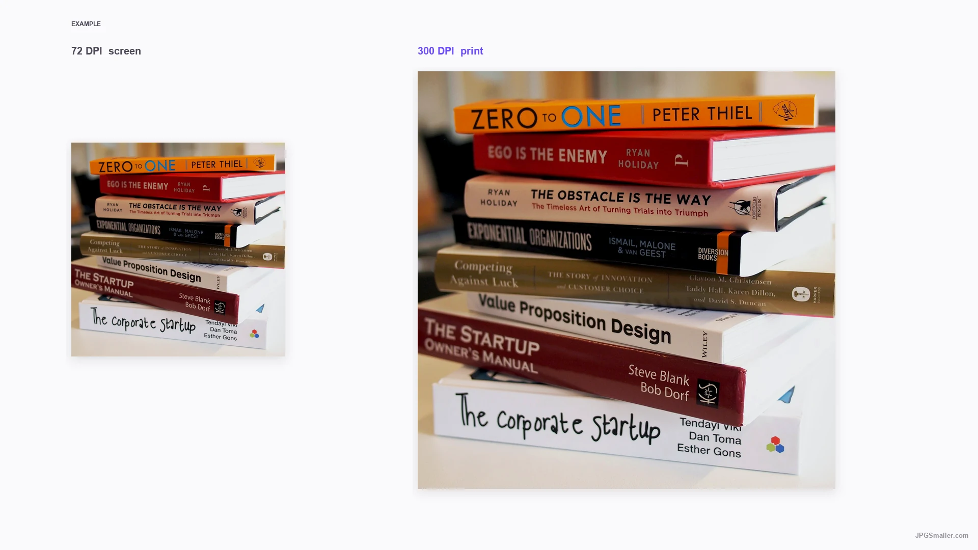 DPI change example showing a book photograph at 72 DPI beside a larger 300 DPI print-scale version