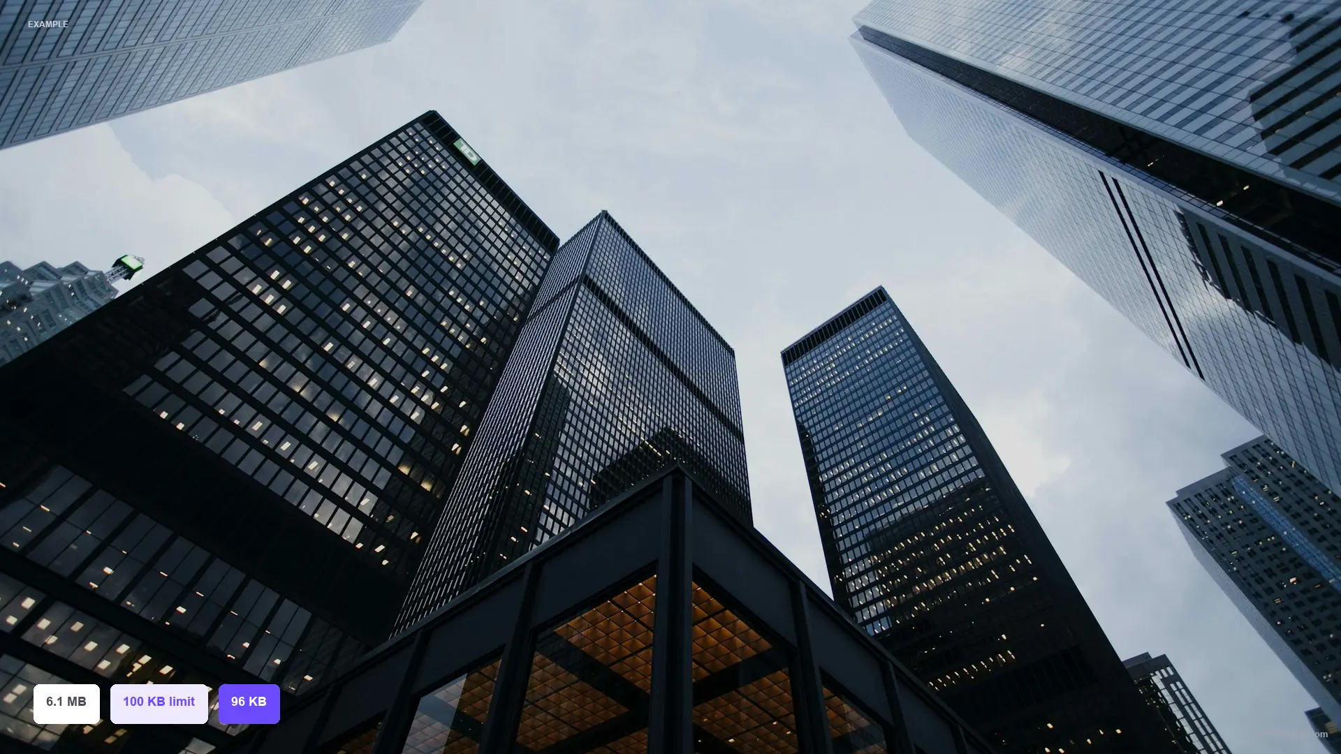 Example of compressing a city photo from 6.1 MB toward a 100 KB JPG limit, result 96 KB