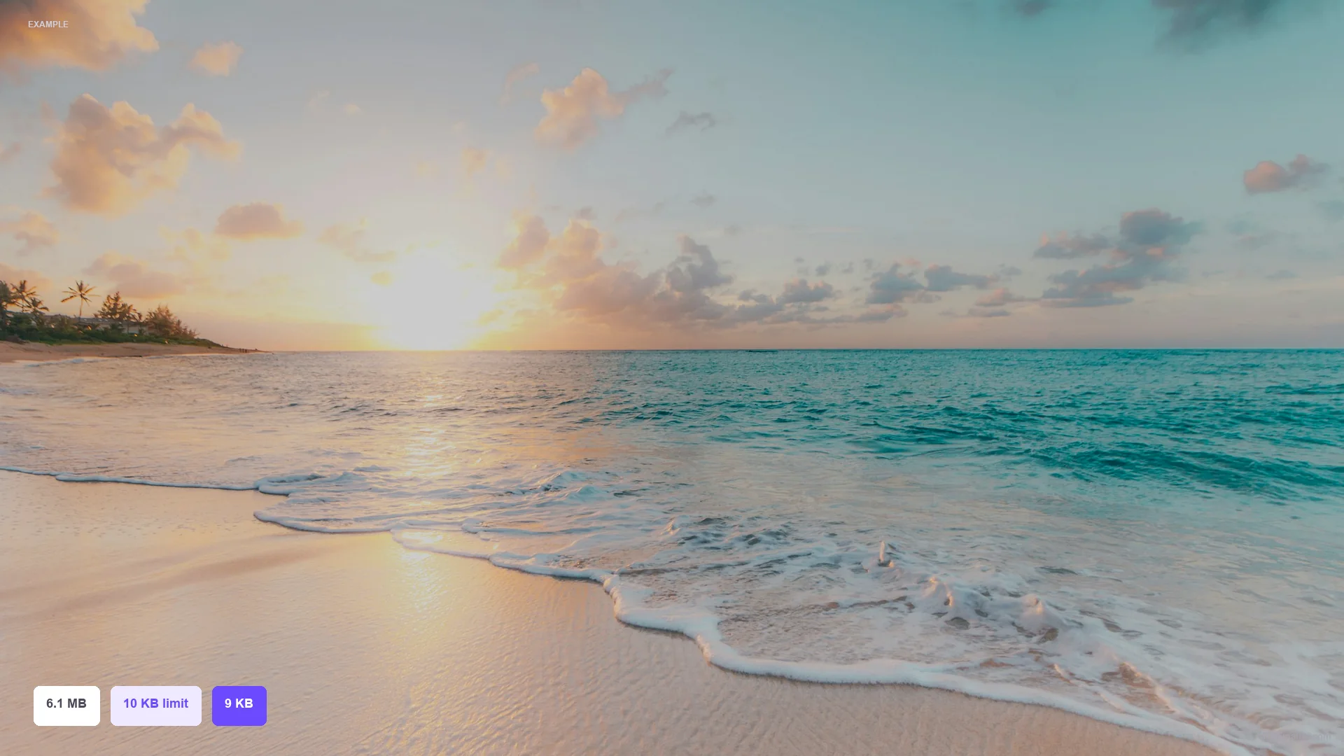 Example of compressing a coast photo from 6.1 MB toward a 10 KB JPG limit, result 9 KB