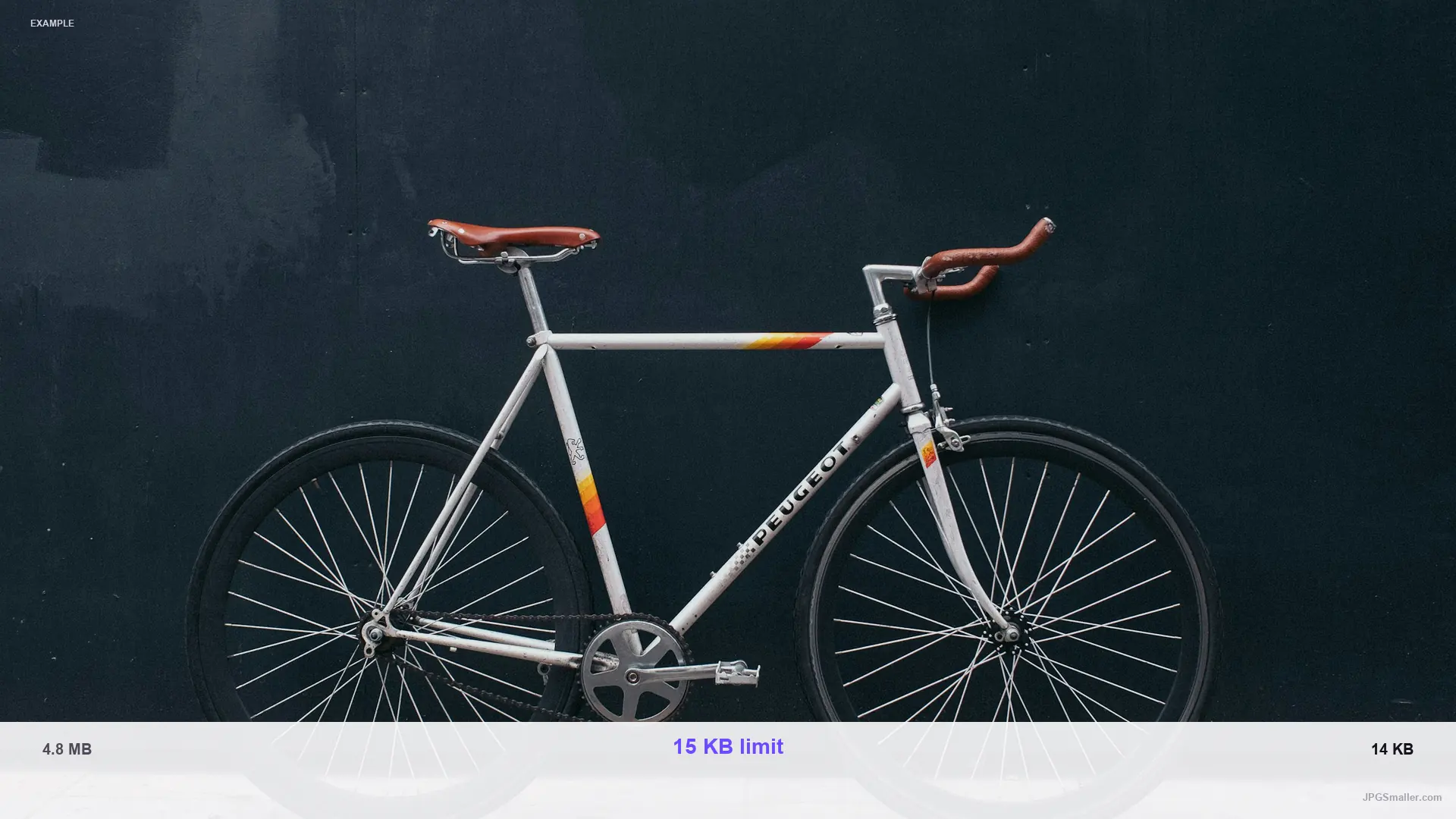 Example of compressing a bicycle photo from 4.8 MB toward a 15 KB JPG limit, result 14 KB