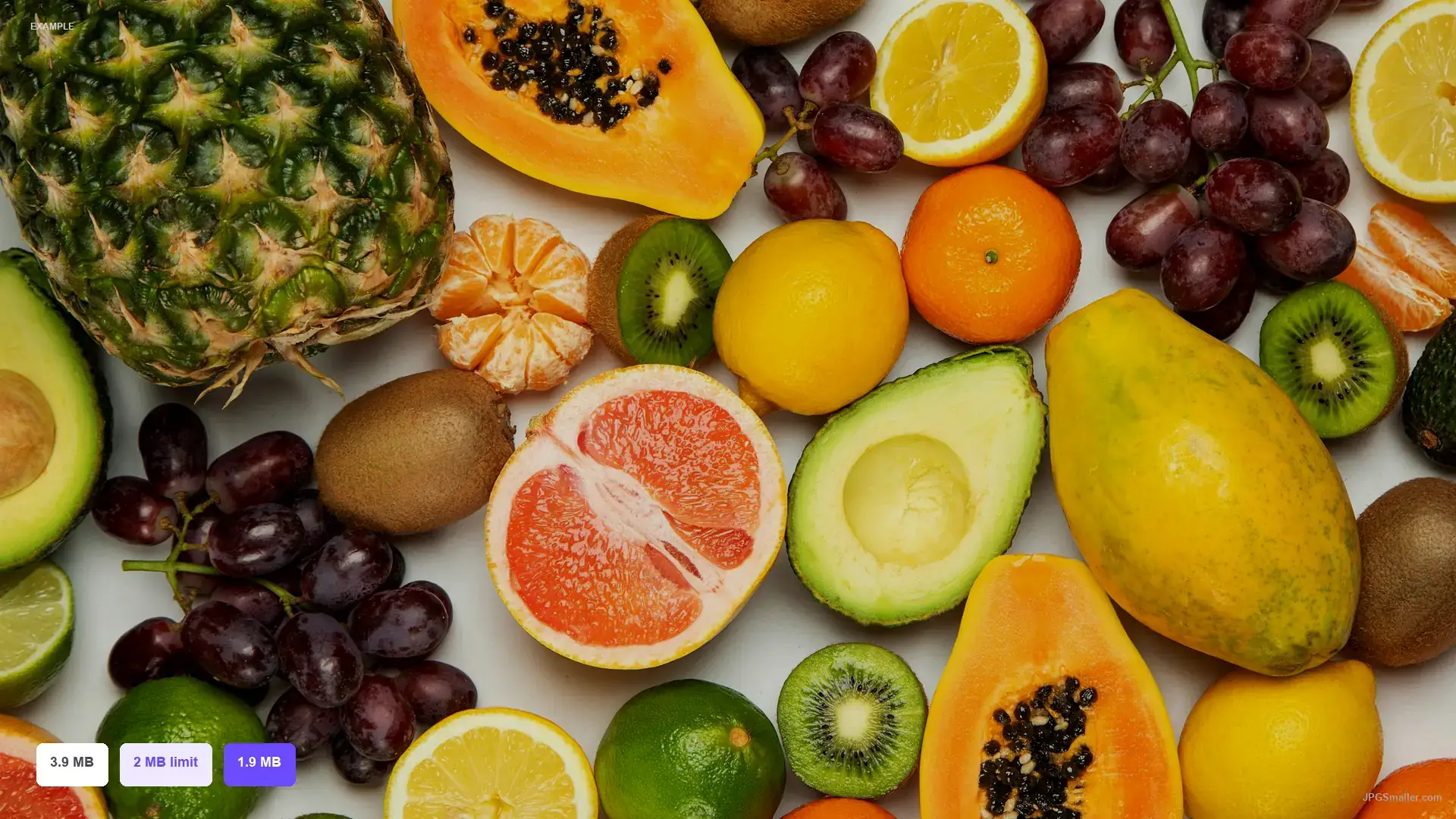 Example of compressing a fruit photo from 3.9 MB toward a 2 MB JPG limit, result 1.9 MB