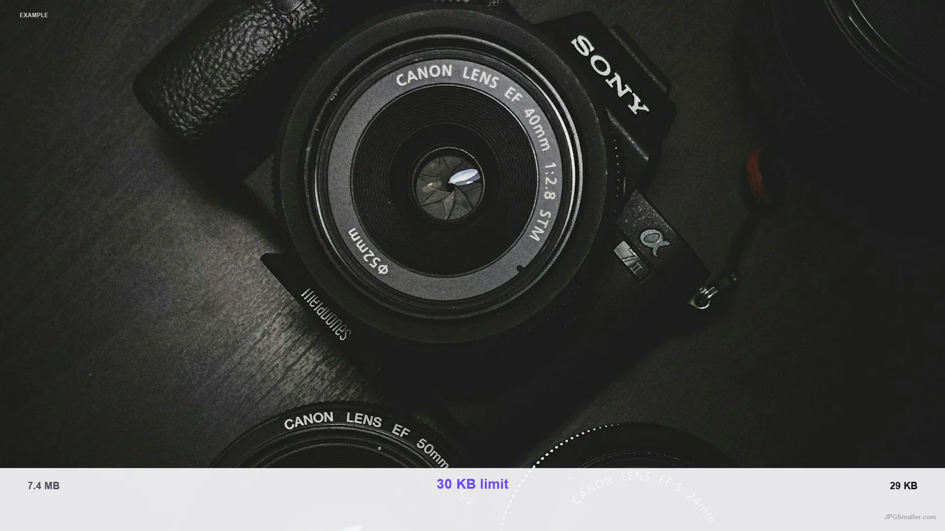 Example of compressing a camera photo from 7.4 MB toward a 30 KB JPG limit, result 29 KB