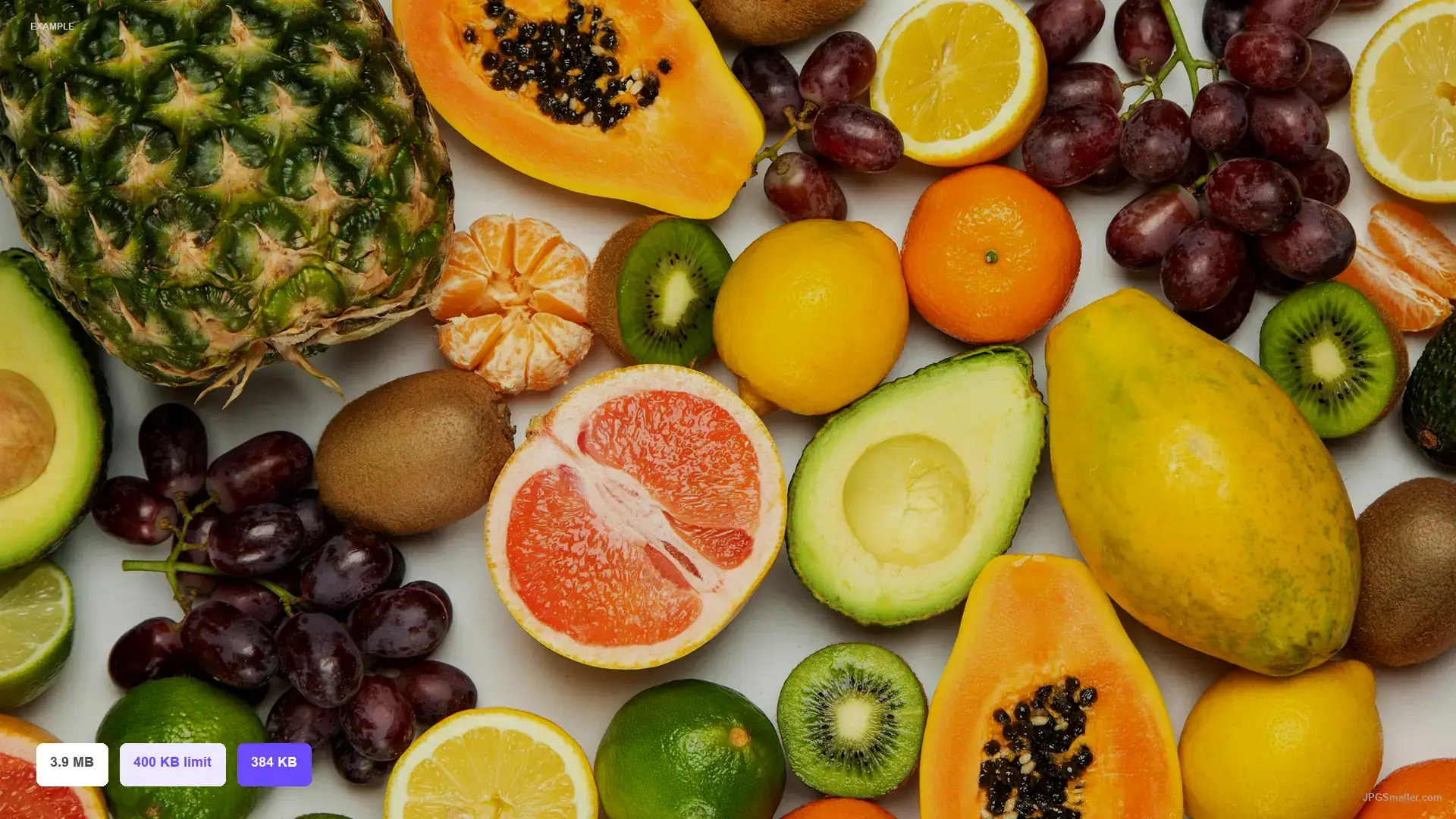 Example of compressing a fruit photo from 3.9 MB toward a 400 KB JPG limit, result 384 KB