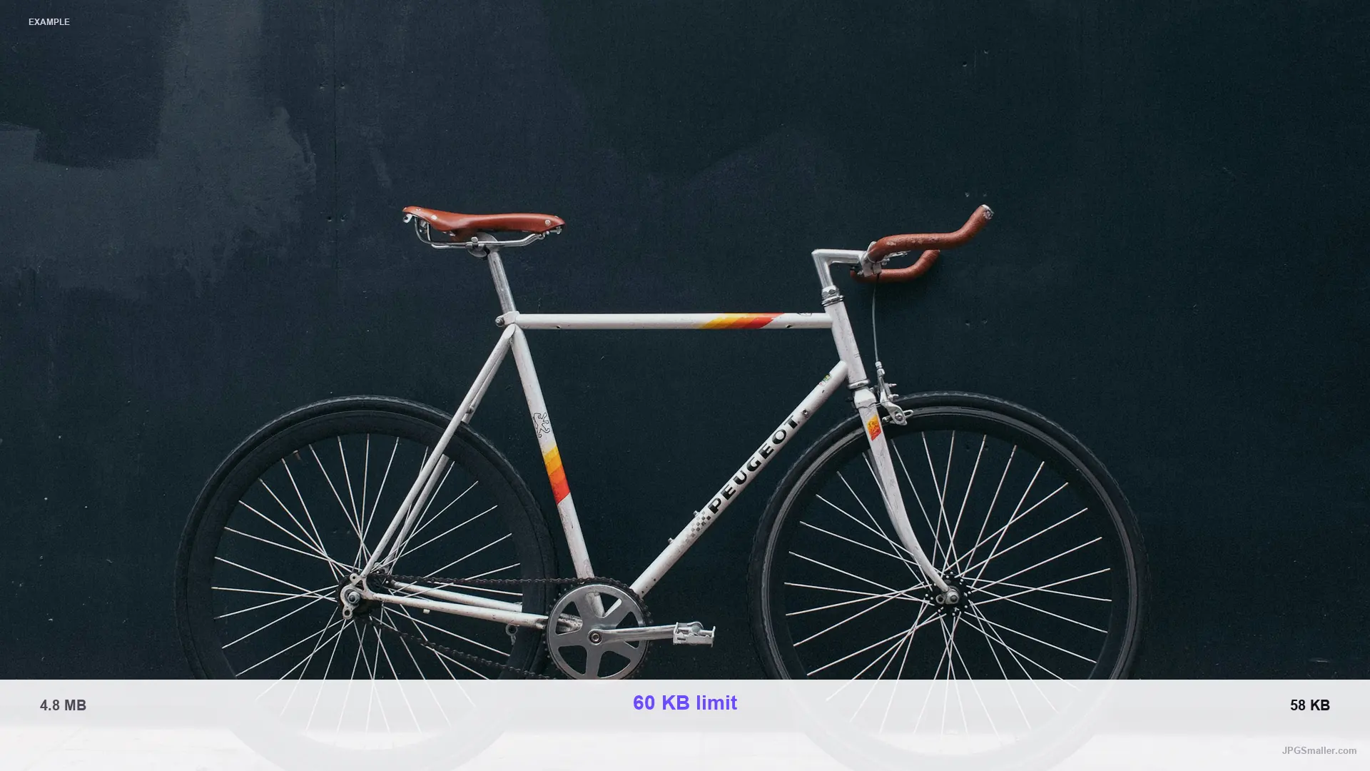 Example of compressing a bicycle photo from 4.8 MB toward a 60 KB JPG limit, result 58 KB