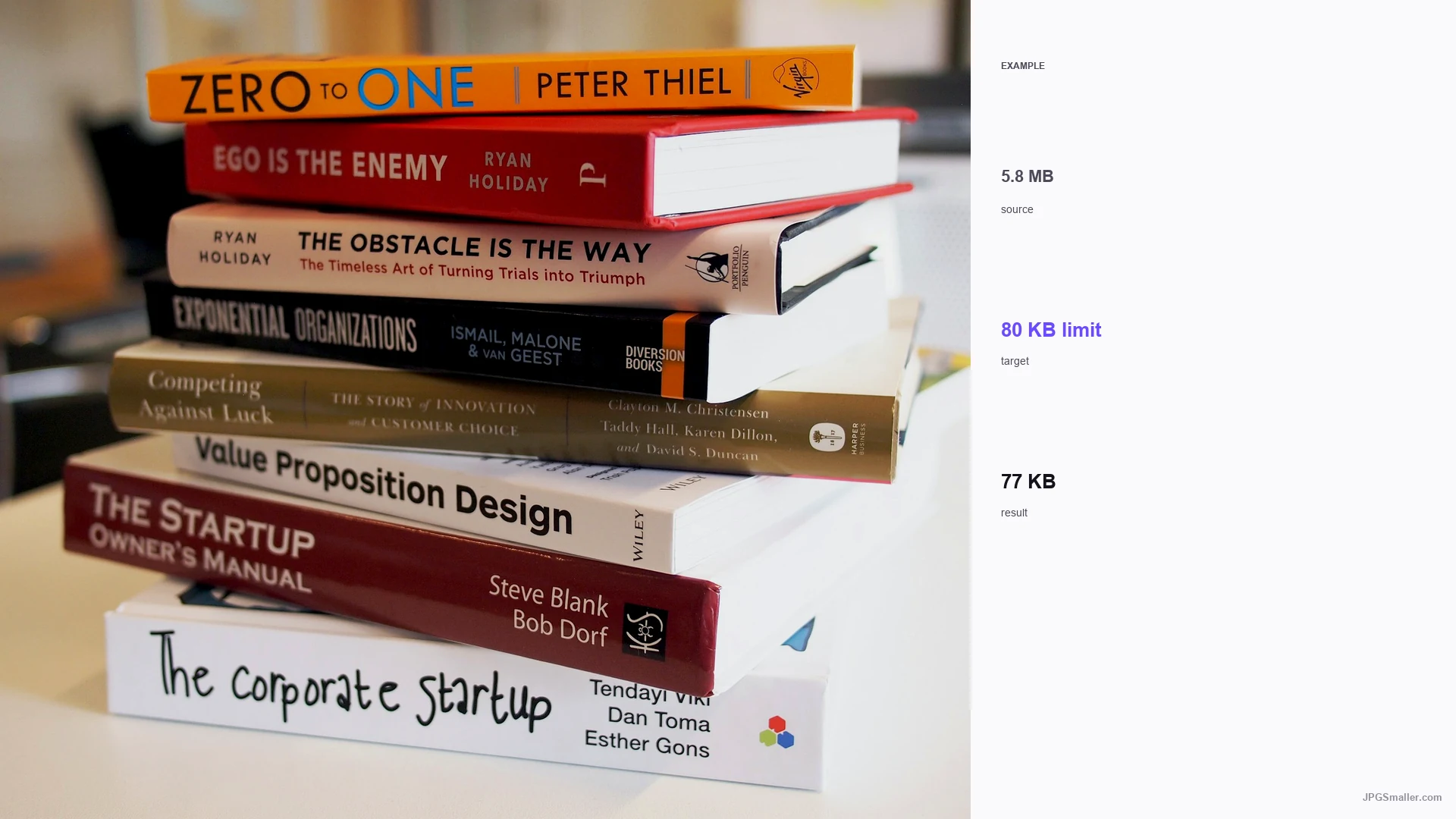 Example of compressing a books photo from 5.8 MB toward a 80 KB JPG limit, result 77 KB