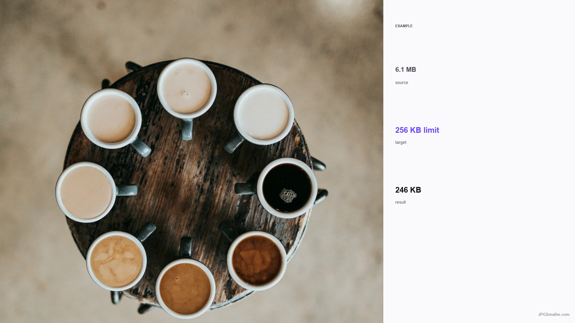 Example of compressing a coffee photo from 6.1 MB toward a 256 KB PNG limit, result 246 KB