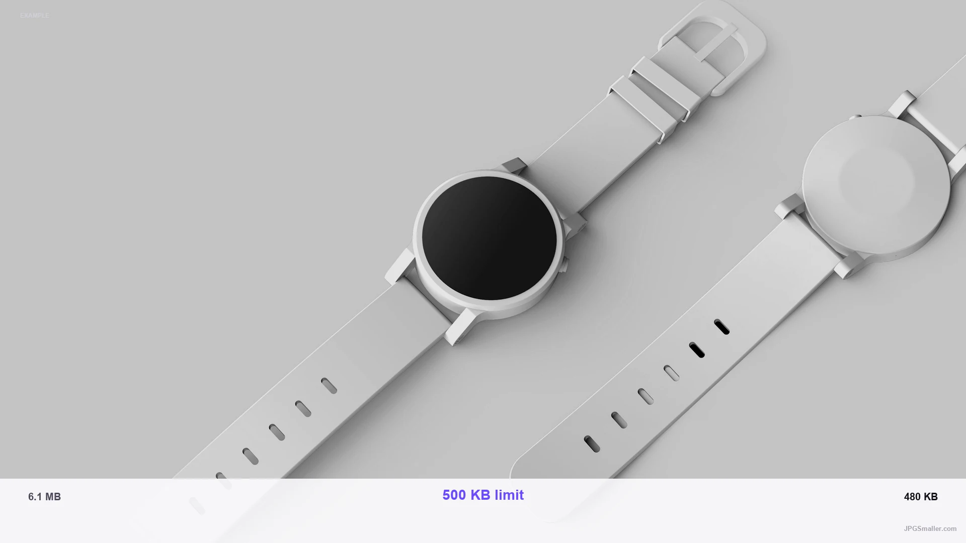 Example of compressing a watch photo from 6.1 MB toward a 500 KB PNG limit, result 480 KB