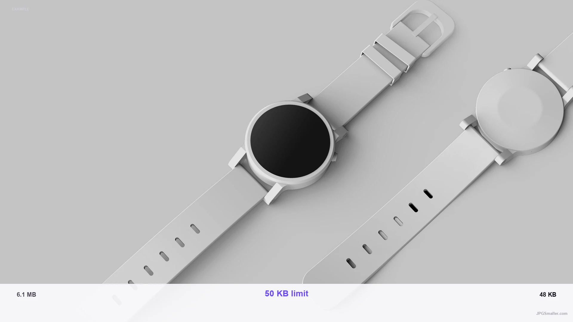Example of compressing a watch photo from 6.1 MB toward a 50 KB PNG limit, result 48 KB