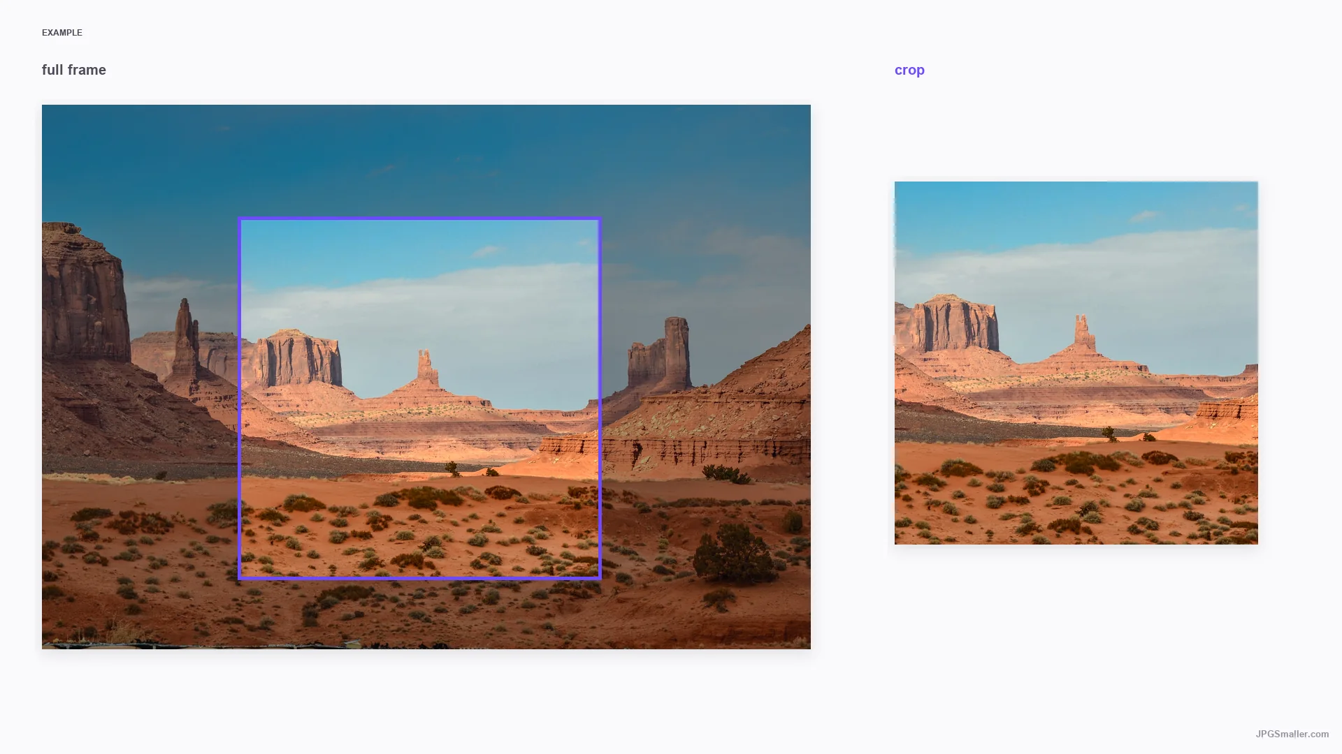 Square crop example showing a desert landscape with a selected 1:1 frame and the square result