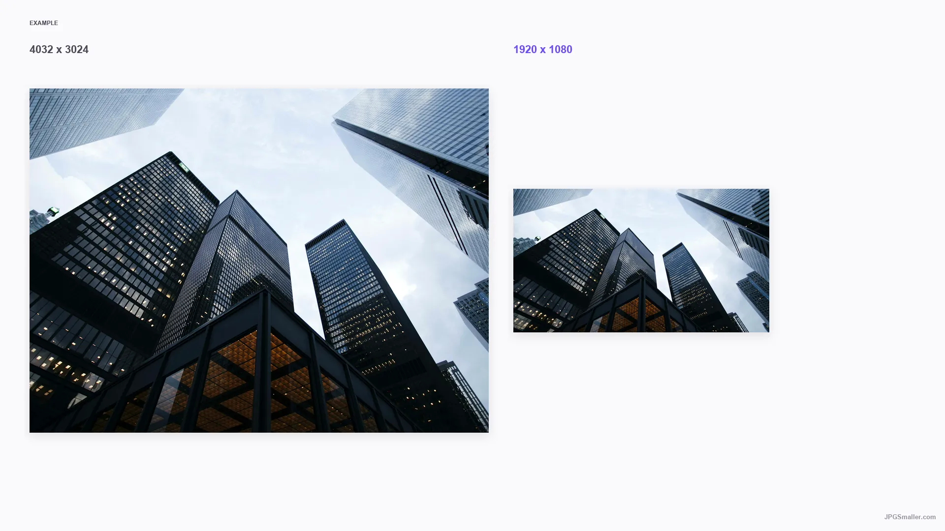 Resolution change example showing a city photograph at 4032 by 3024 beside a 1920 by 1080 result