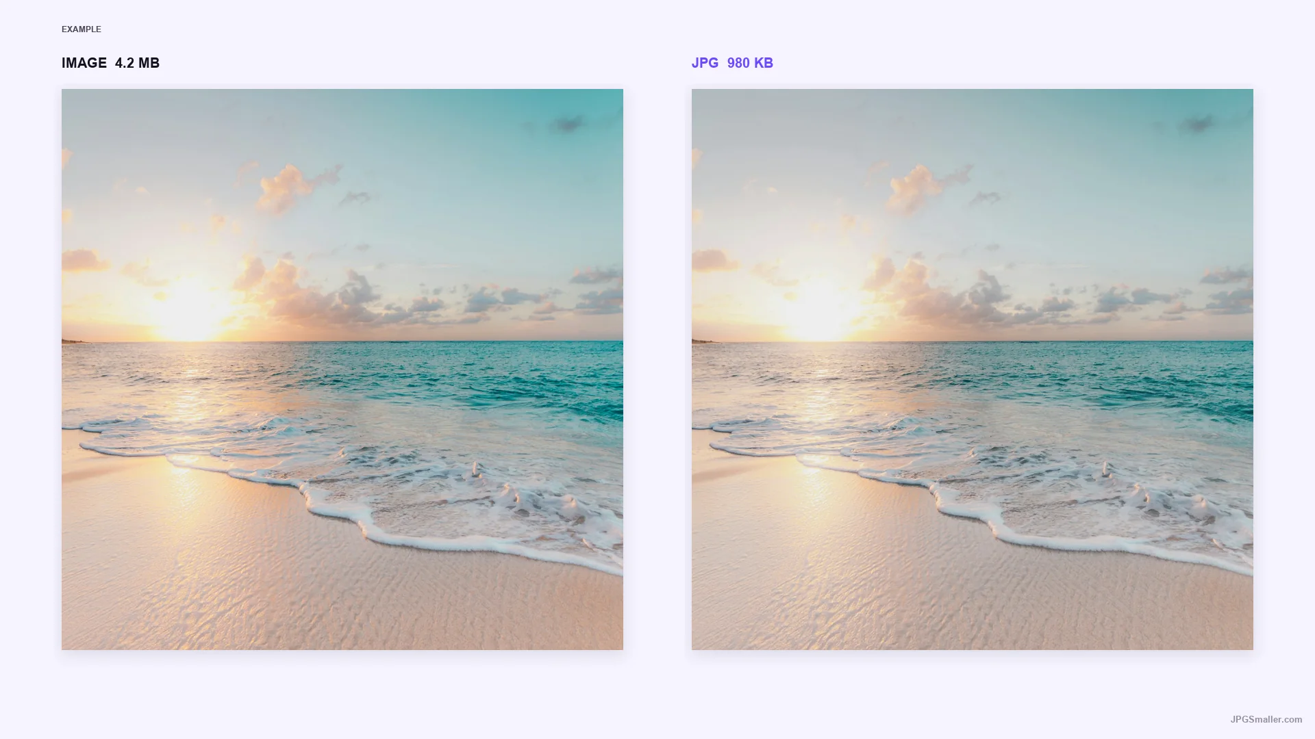 Format comparison showing the same coast image as IMAGE (4.2 MB) and JPG (980 KB)