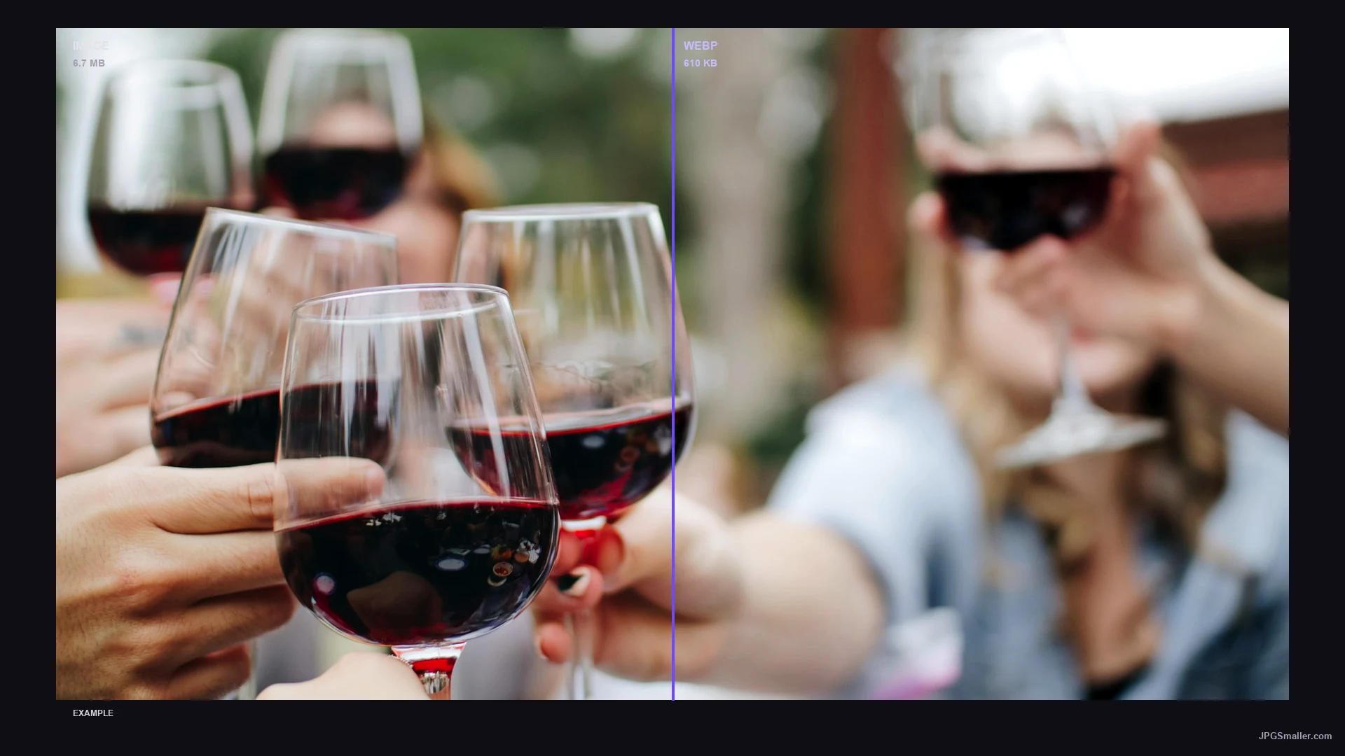 Format comparison showing the same glass image as IMAGE (6.7 MB) and WEBP (610 KB)
