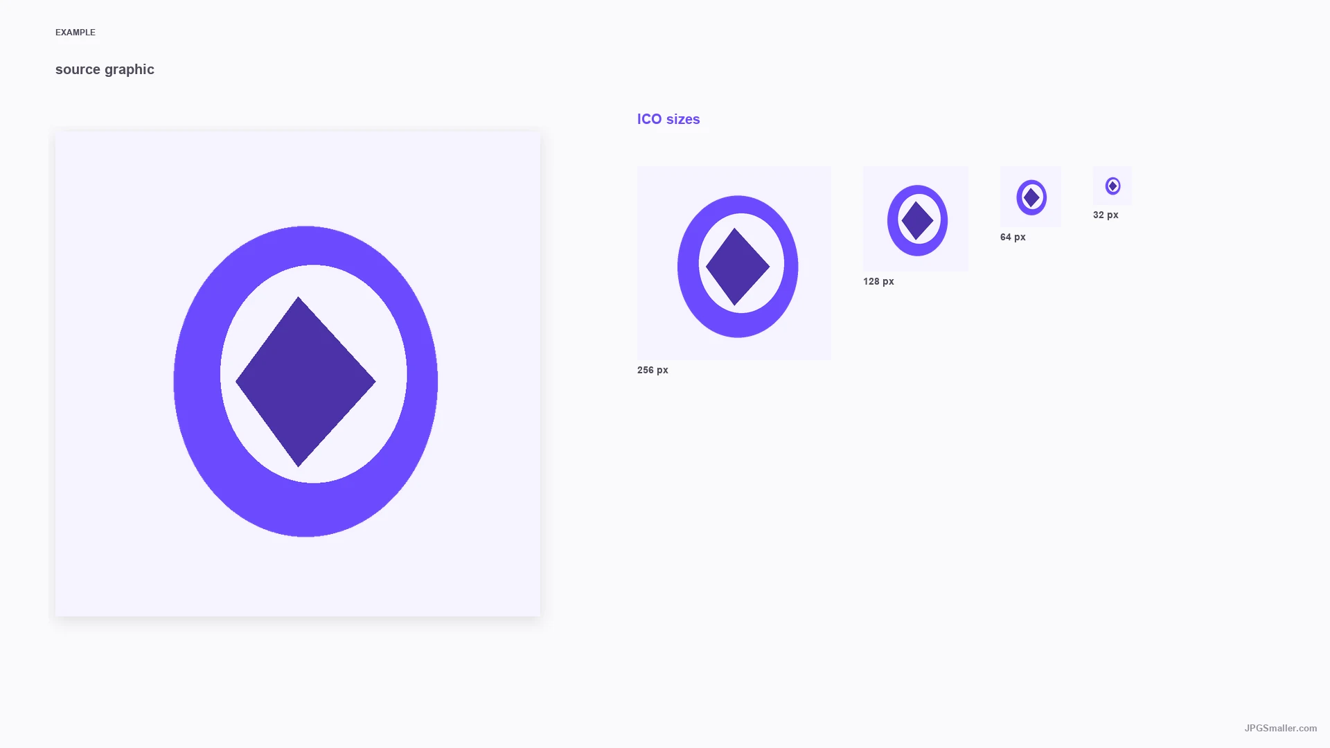 ICO conversion example showing a simple graphic beside 256, 128, 64, and 32 pixel icon sizes