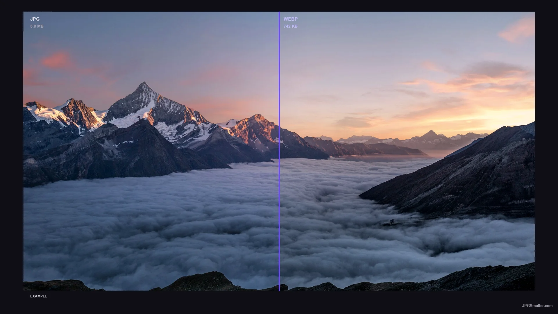 Format comparison showing the same alpine image as JPG (5.8 MB) and WEBP (742 KB)