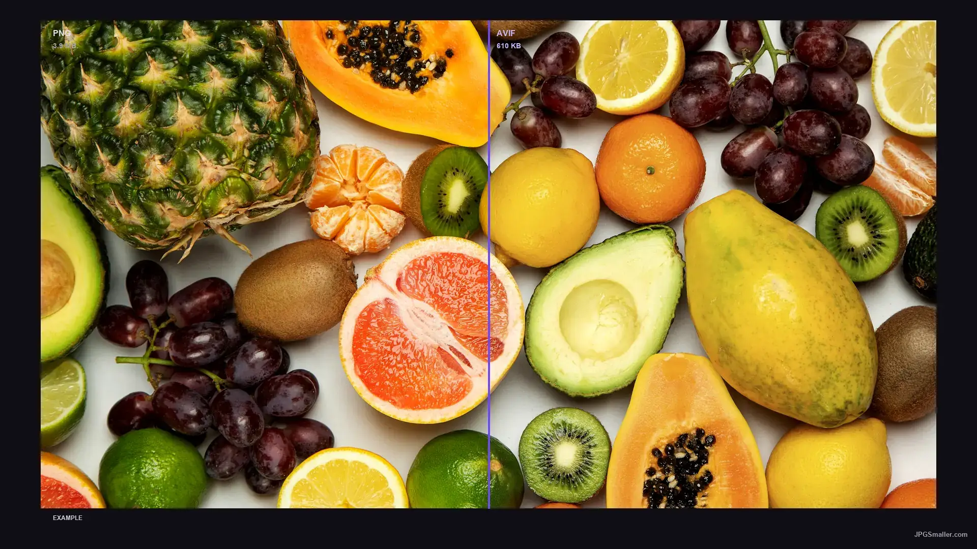 Format comparison showing the same fruit image as PNG (3.9 MB) and AVIF (610 KB)