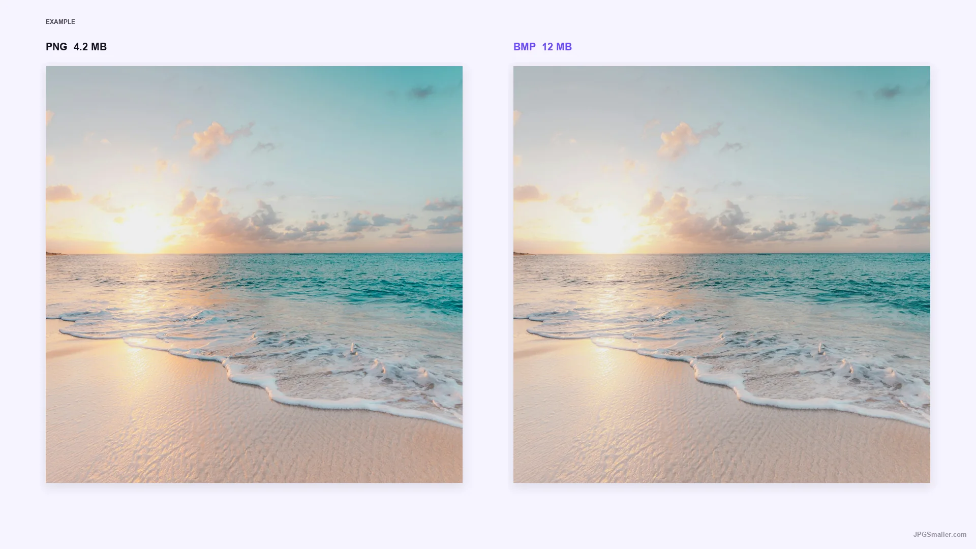 Format comparison showing the same coast image as PNG (4.2 MB) and BMP (12 MB)