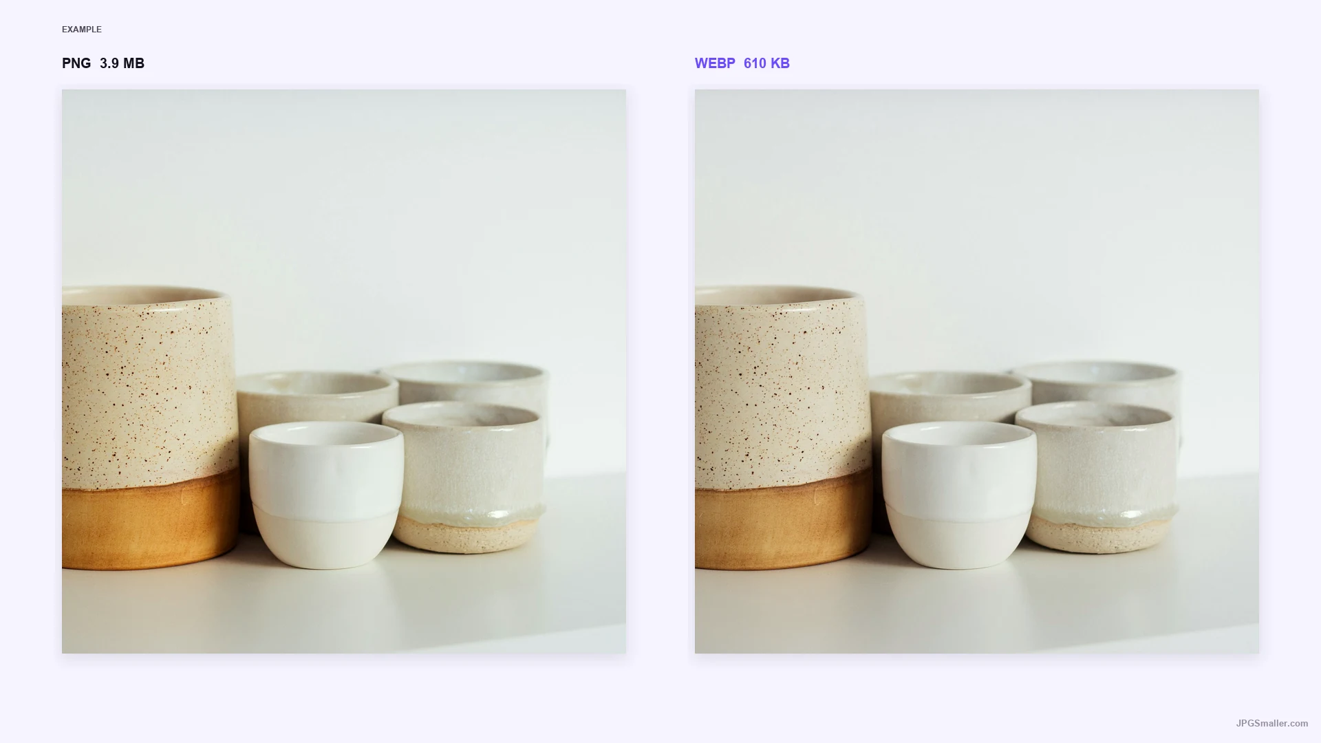Format comparison showing the same ceramic image as PNG (3.9 MB) and WEBP (610 KB)