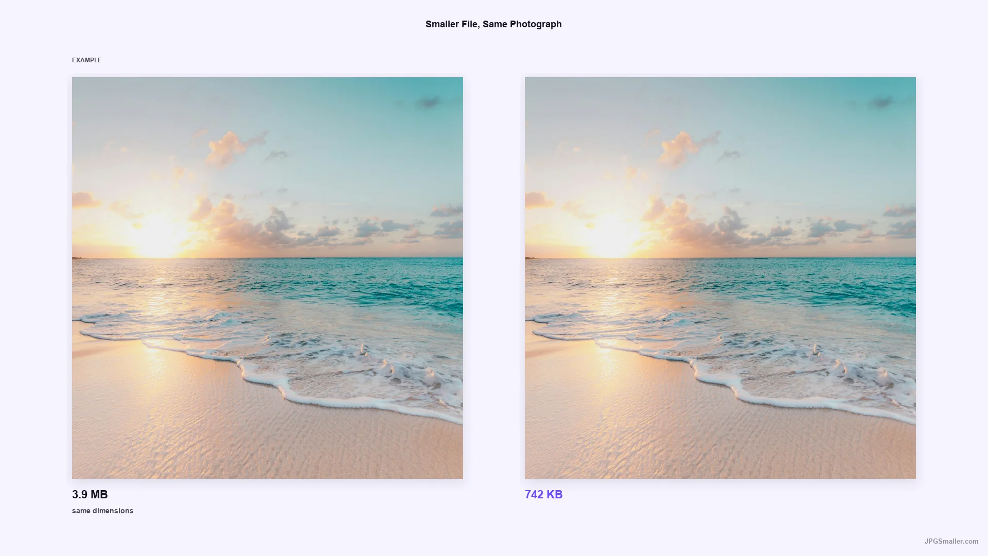 Compression example showing the same coast photo reduced from 3.9 MB to 742 KB at the same dimensions