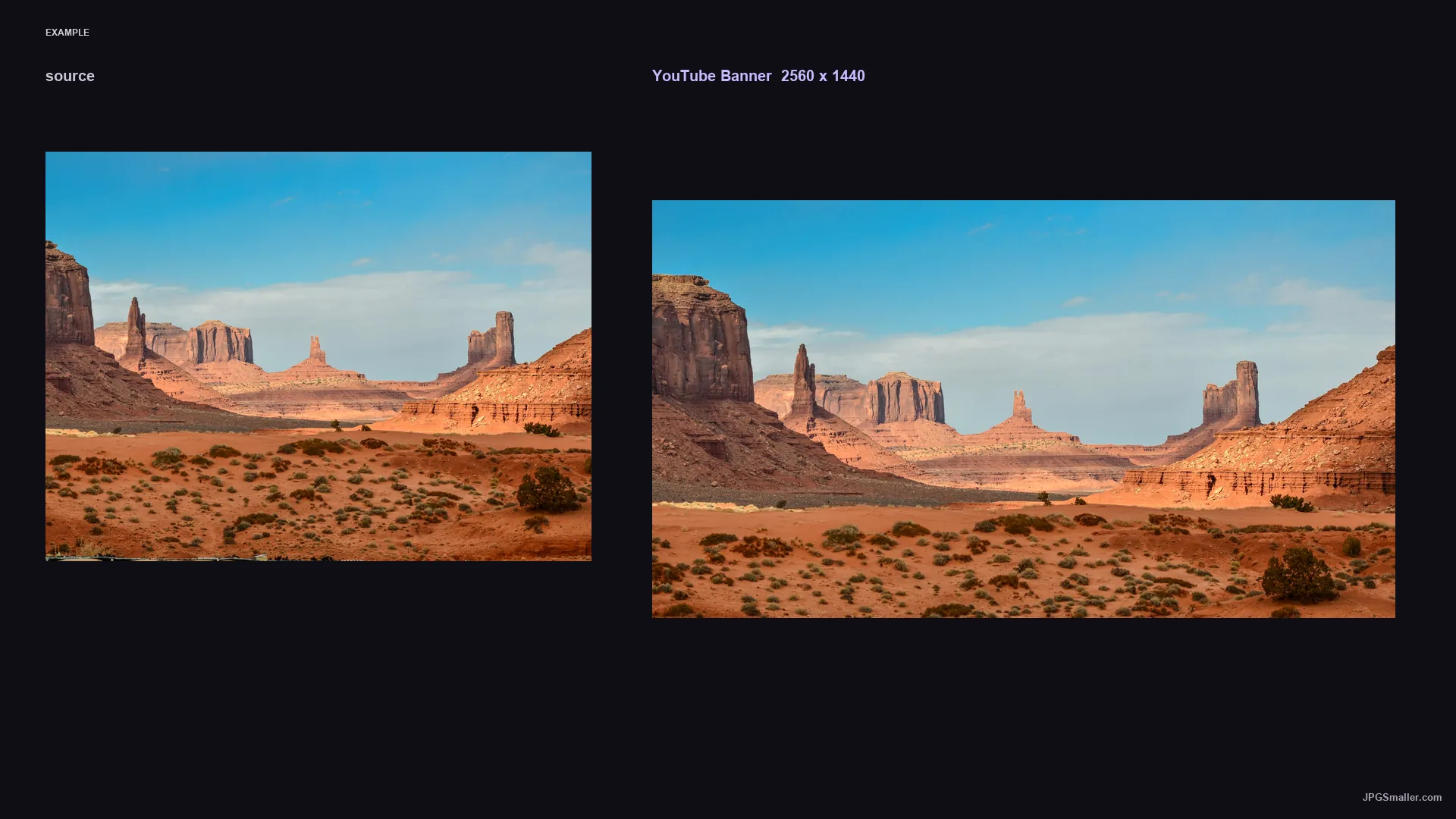 YouTube Banner size example placing a desert photograph into a 2560 by 1440 frame