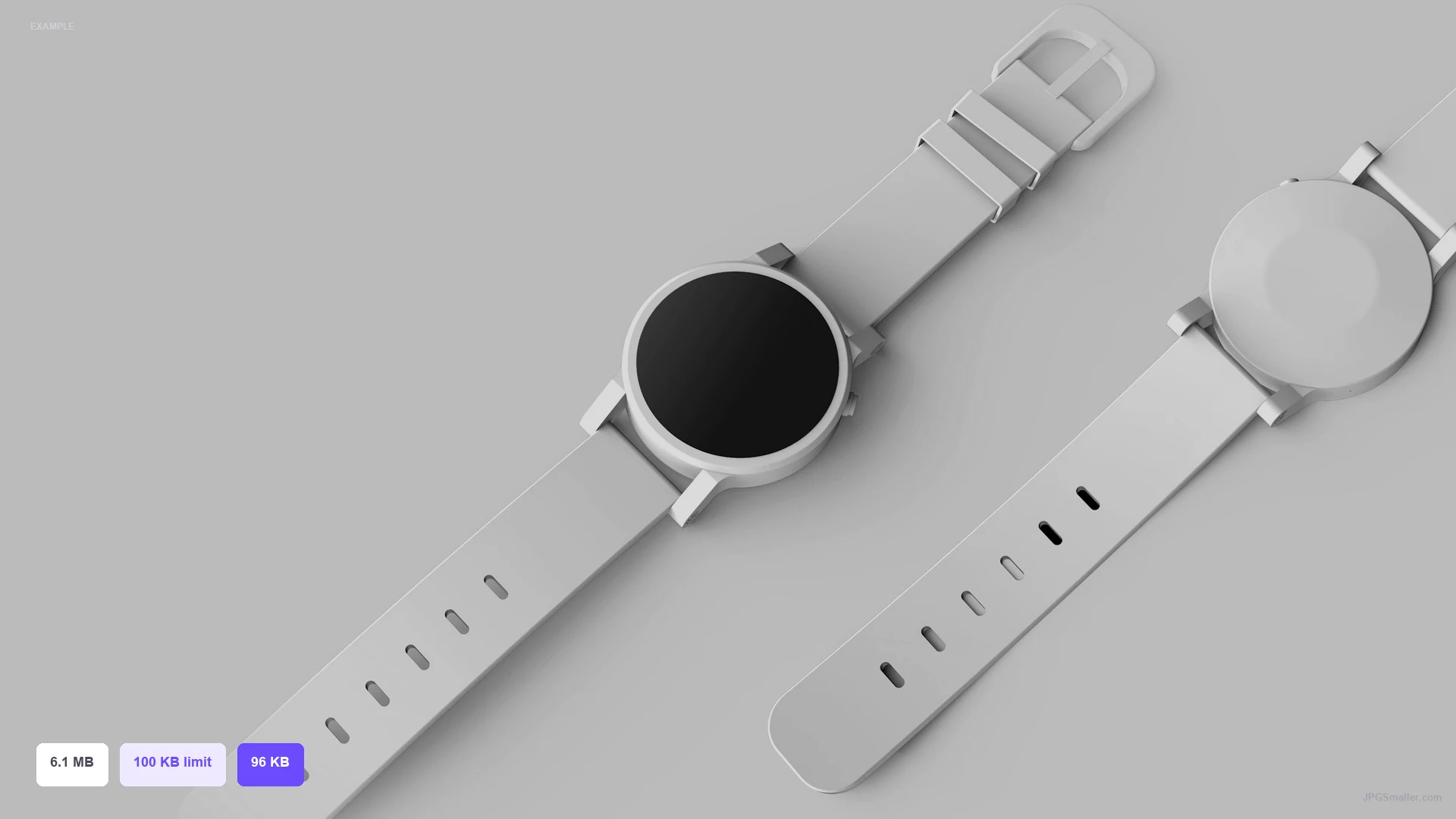 Example of compressing a watch photo from 6.1 MB toward a 100 KB JPG limit, result 96 KB