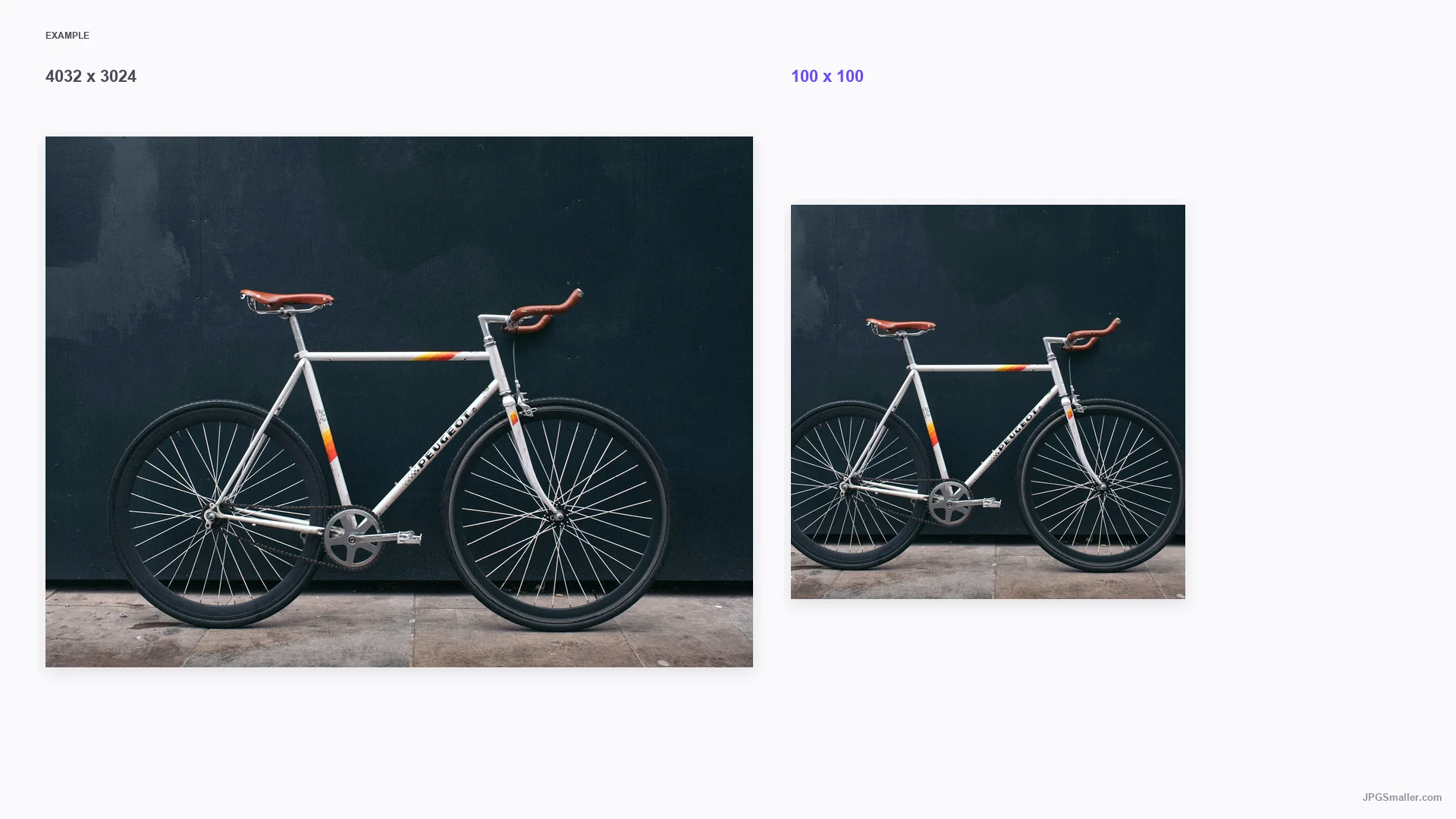 Resize example from a 4032 by 3024 bicycle photo into a 100 by 100 frame
