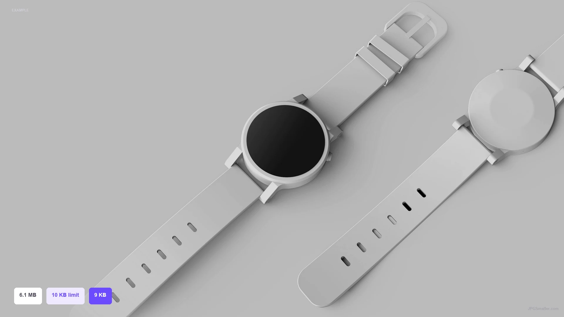 Example of compressing a watch photo from 6.1 MB toward a 10 KB JPG limit, result 9 KB
