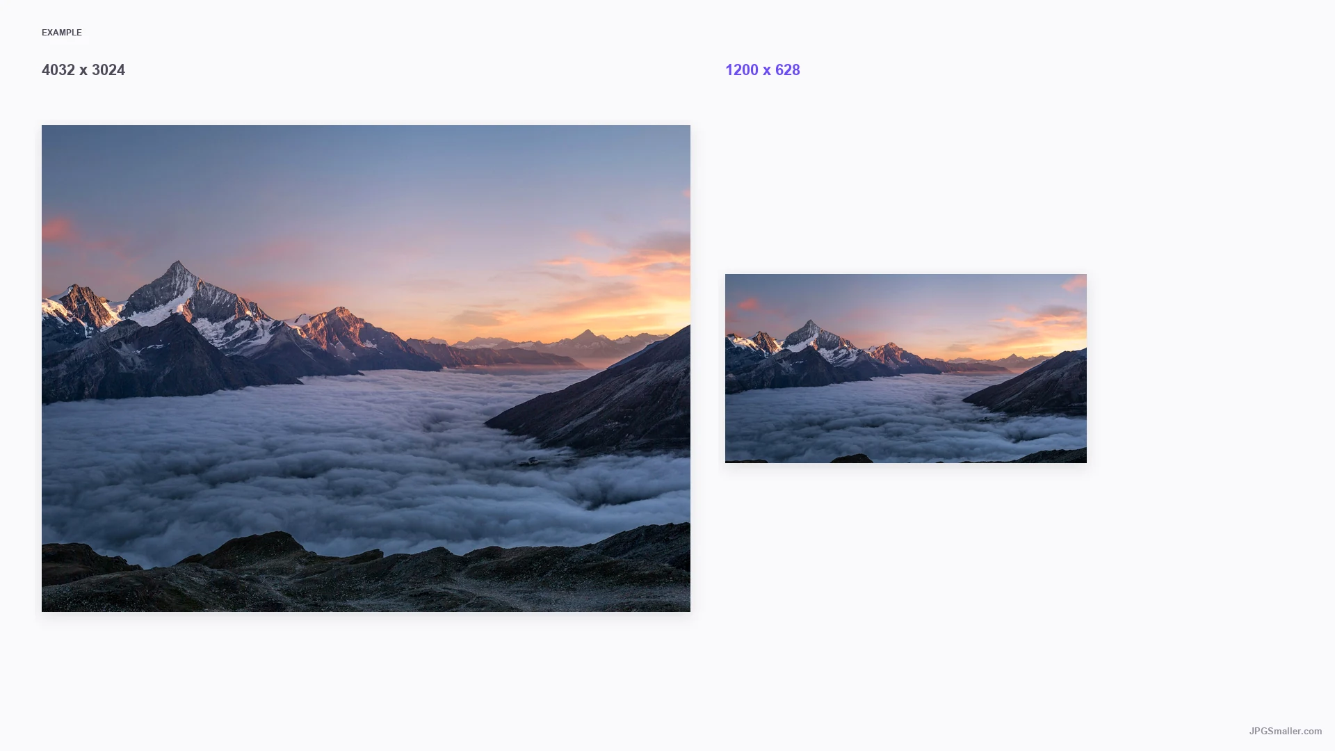 Resize example from a 4032 by 3024 alpine photo into a 1200 by 628 frame