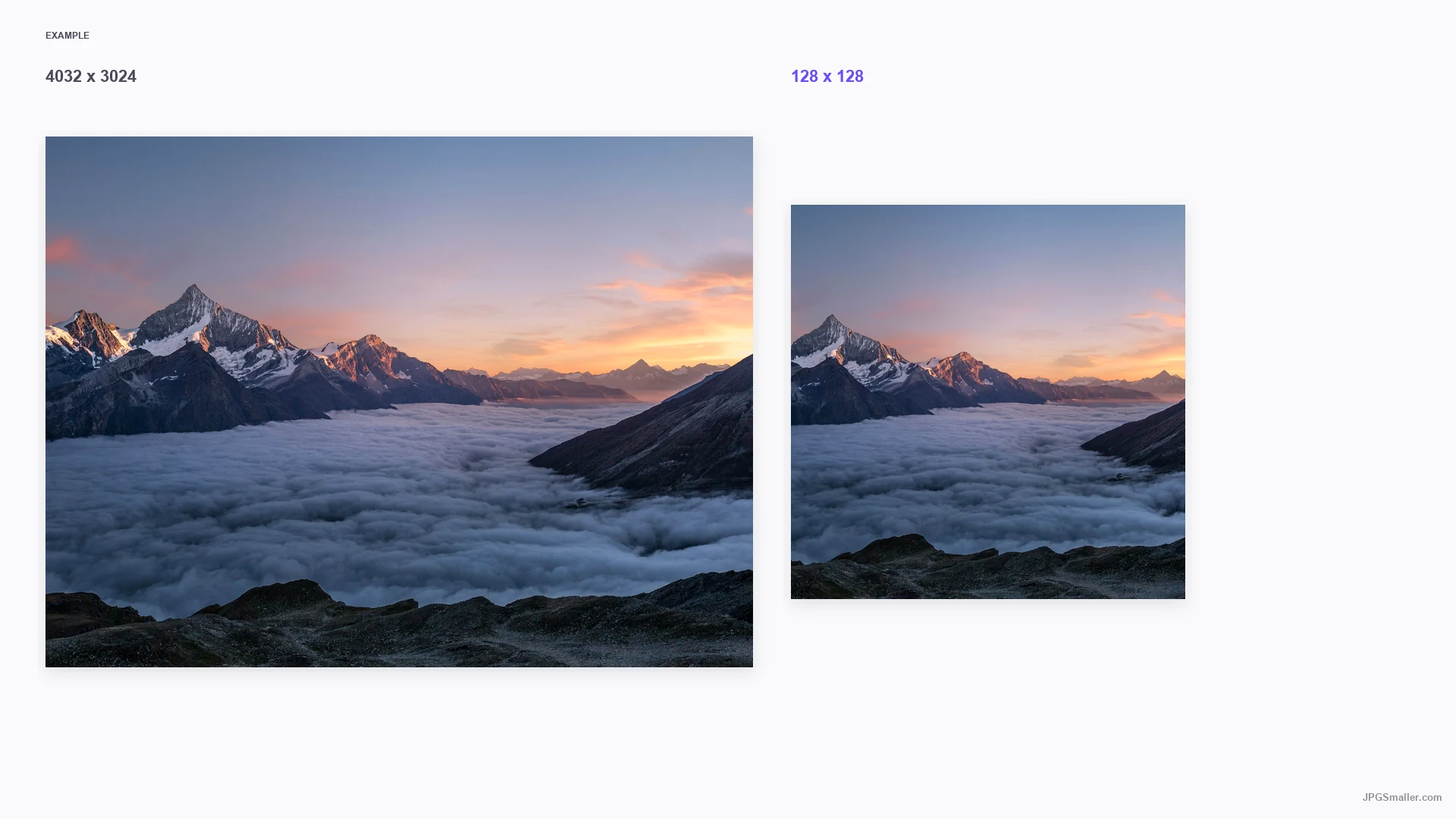 Resize example from a 4032 by 3024 alpine photo into a 128 by 128 frame