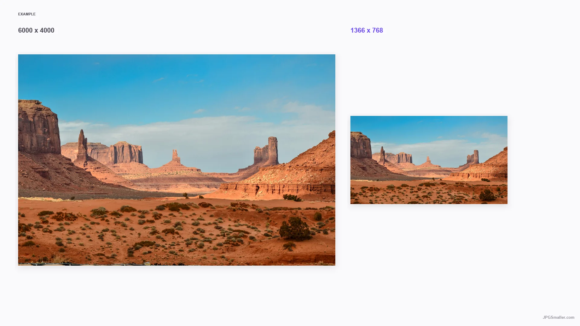 Resize example from a 6000 by 4000 desert photo into a 1366 by 768 frame