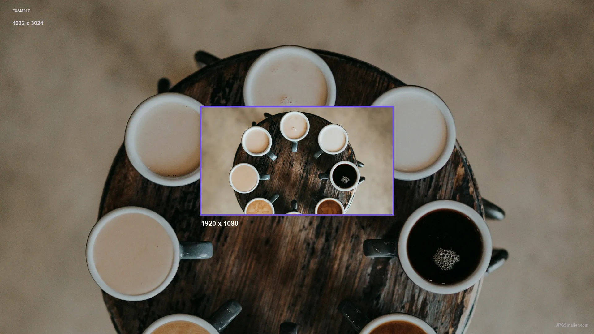 Resize example from a 4032 by 3024 coffee photo into a 1920 by 1080 frame