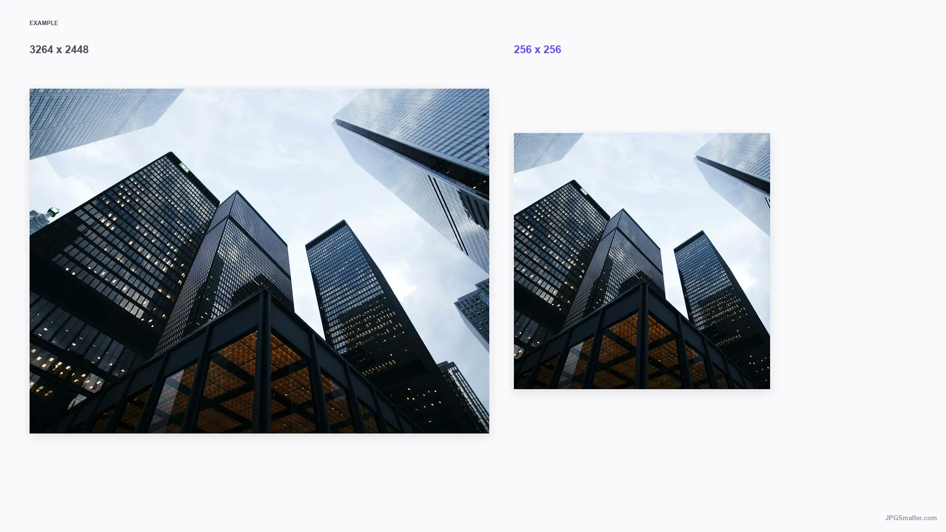Resize example from a 3264 by 2448 city photo into a 256 by 256 frame
