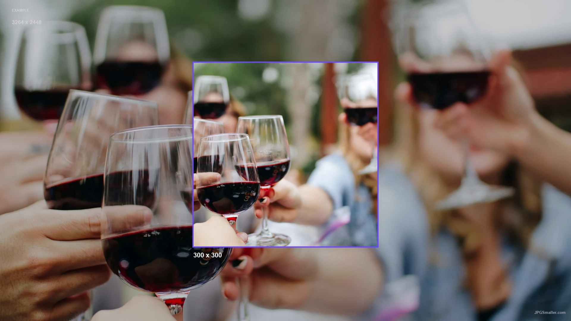 Resize example from a 3264 by 2448 glass photo into a 300 by 300 frame