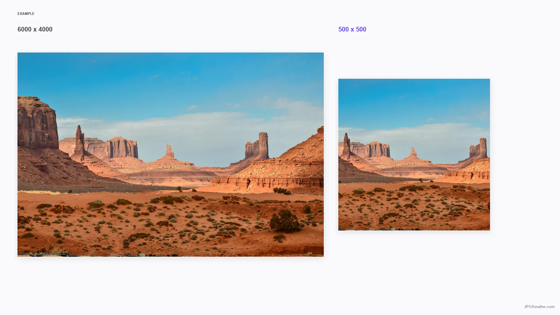 Resize example from a 6000 by 4000 desert photo into a 500 by 500 frame