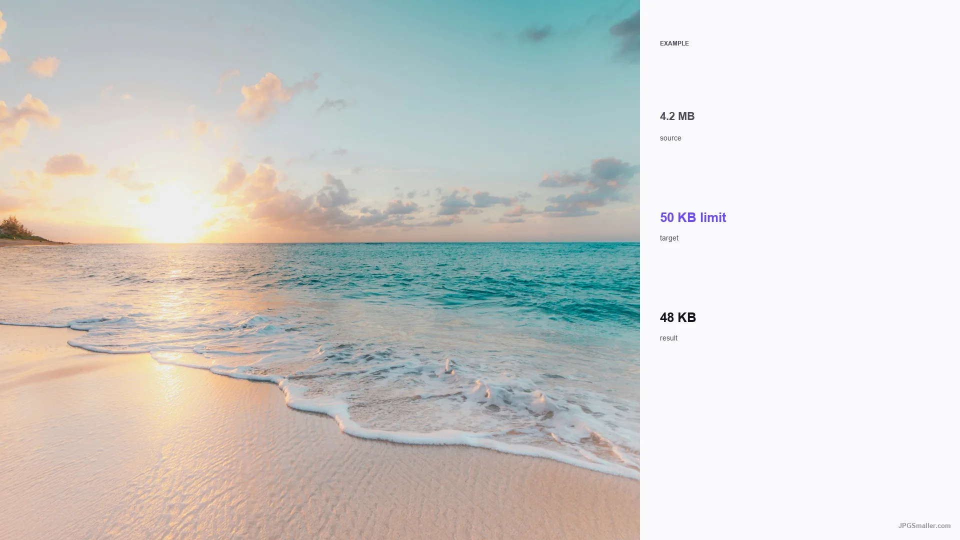 Example of compressing a coast photo from 4.2 MB toward a 50 KB JPG limit, result 48 KB
