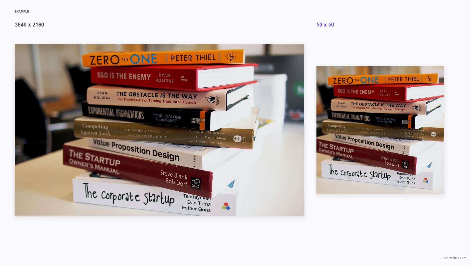 Resize example from a 3840 by 2160 books photo into a 50 by 50 frame