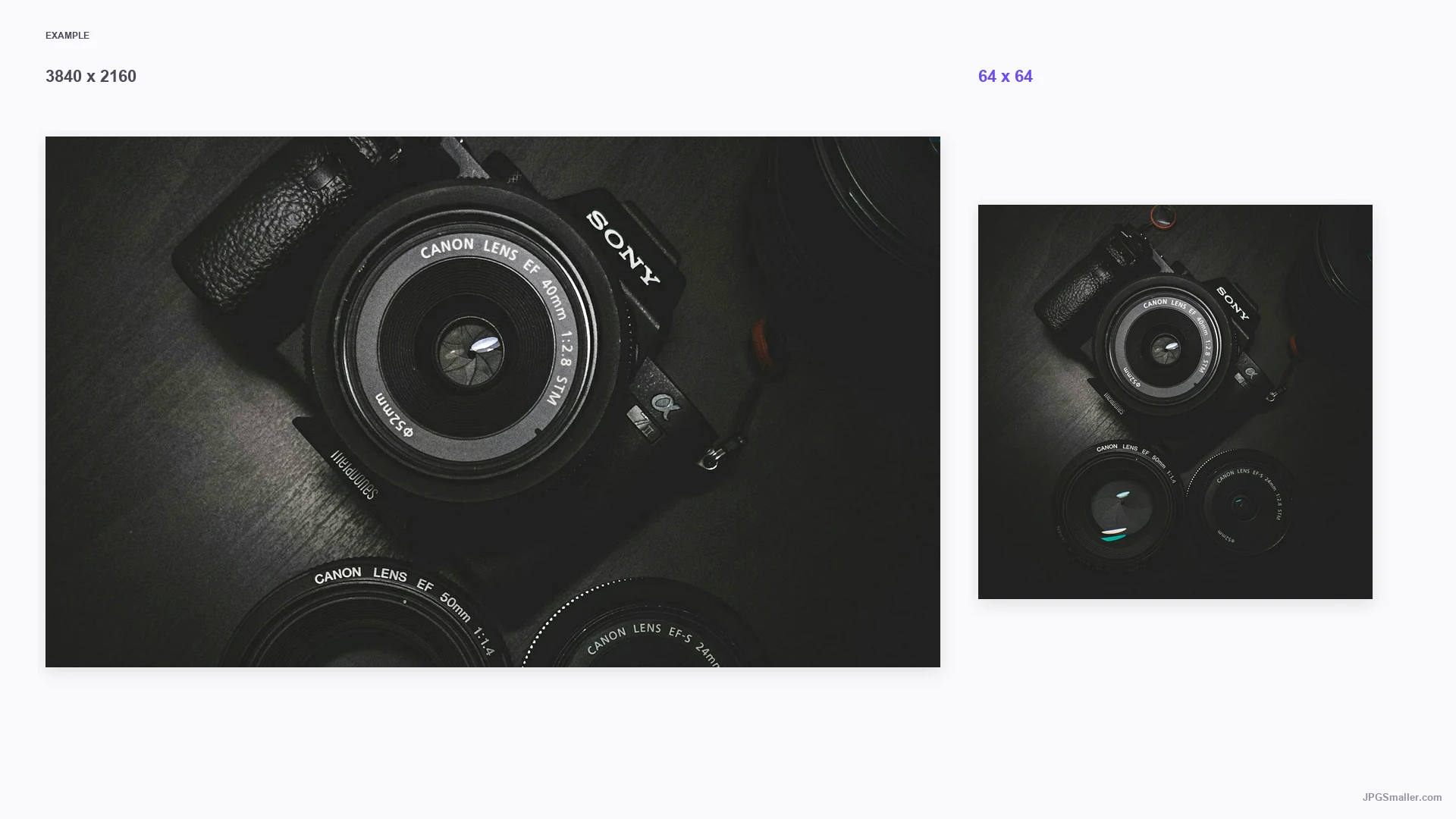 Resize example from a 3840 by 2160 camera photo into a 64 by 64 frame