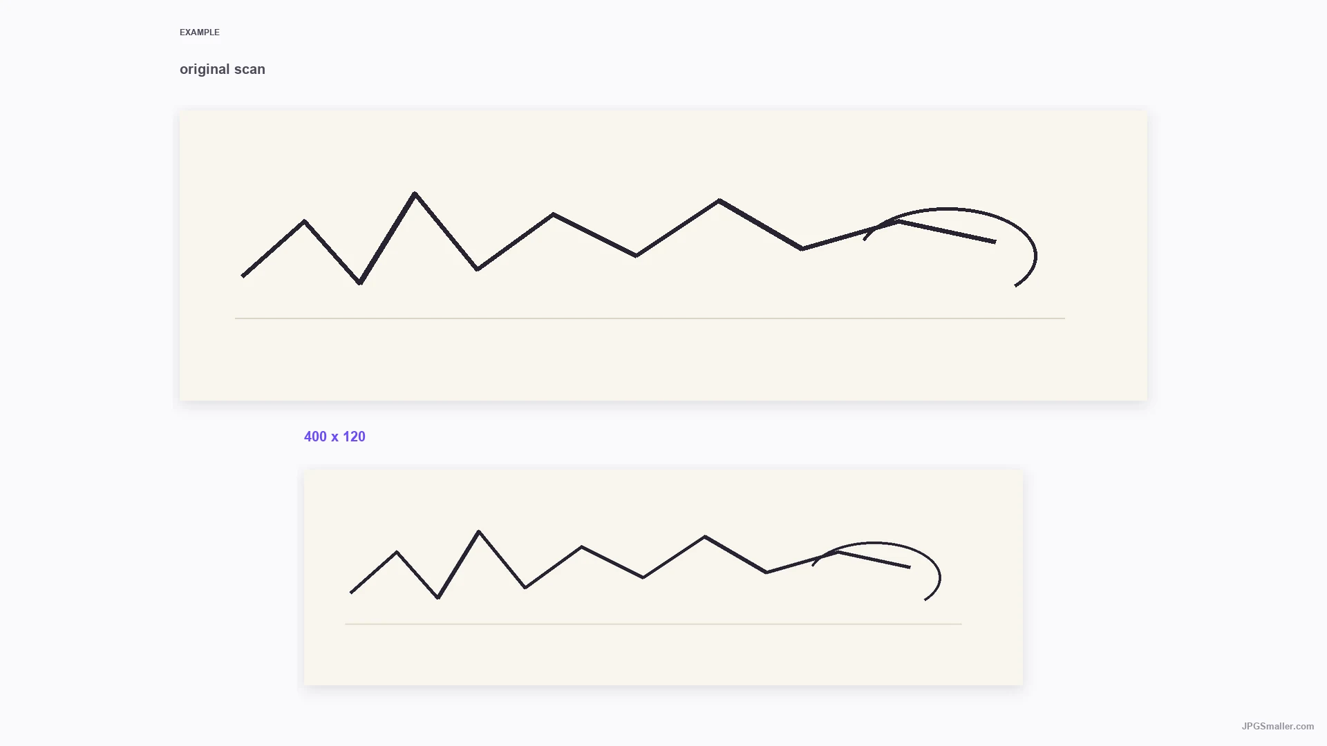 Signature resize example showing an ink signature on paper reduced to a 400 by 120 strip